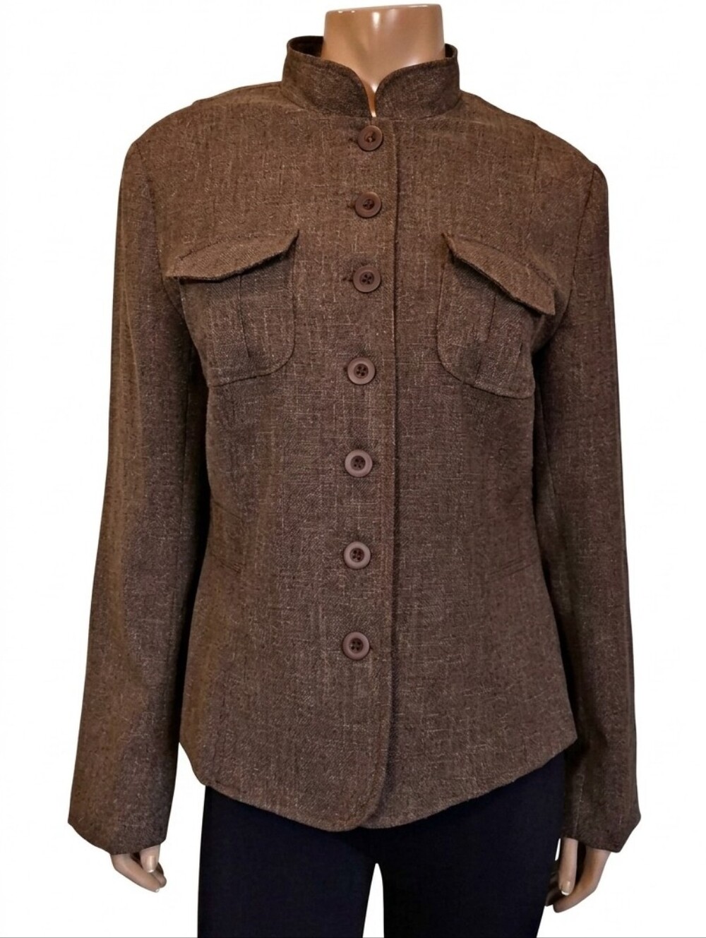 Cleo Blazer Jacket Tweed Fall Military Brown Womens Size 12 Flap Pocket Gorpcore